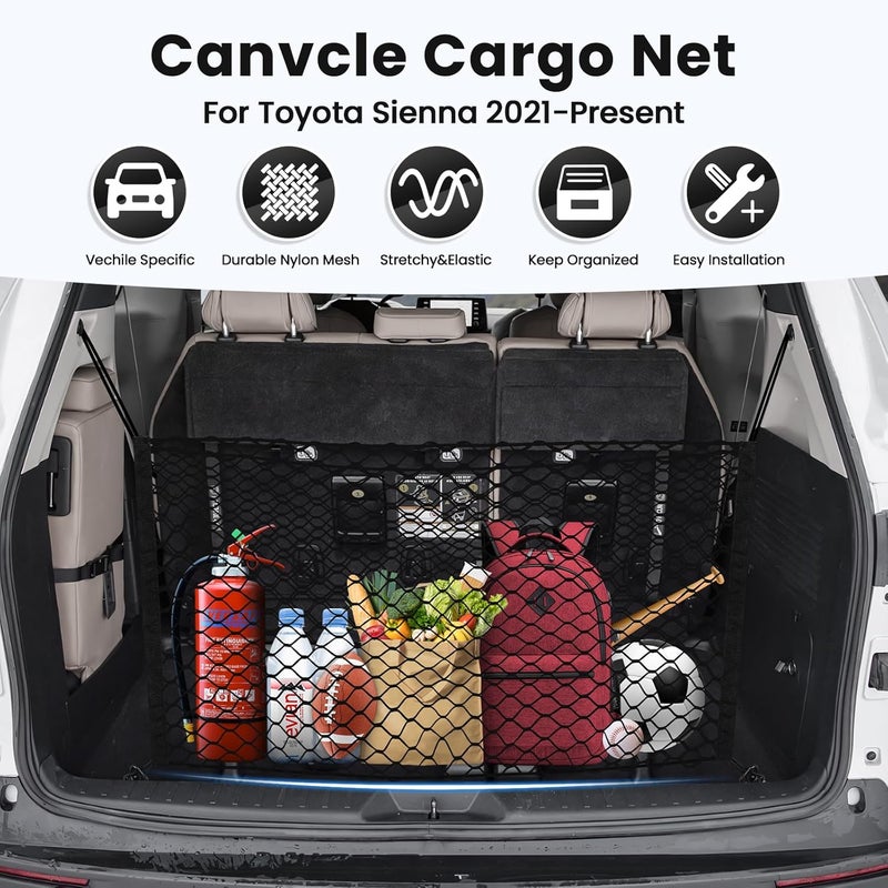 Canvcle Trunk Cargo Net for Toyota Sienna 2021-2025 2026 Accessories Envelope Style Mesh Trunk Net Organizer and Storage Stretchable Adjustable Elastic Nylon Rear Cargo Netting with Hooks - Image 2